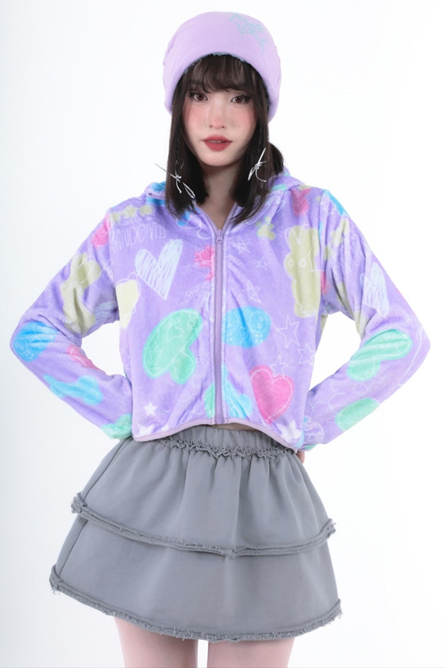 Purple Cropped Fleece Print Jacket