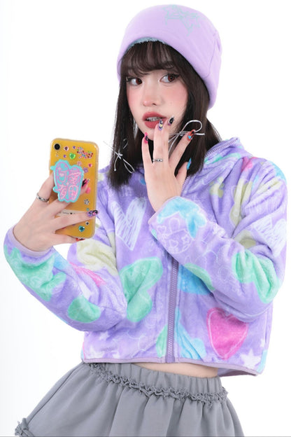 Purple Cropped Fleece Print Jacket