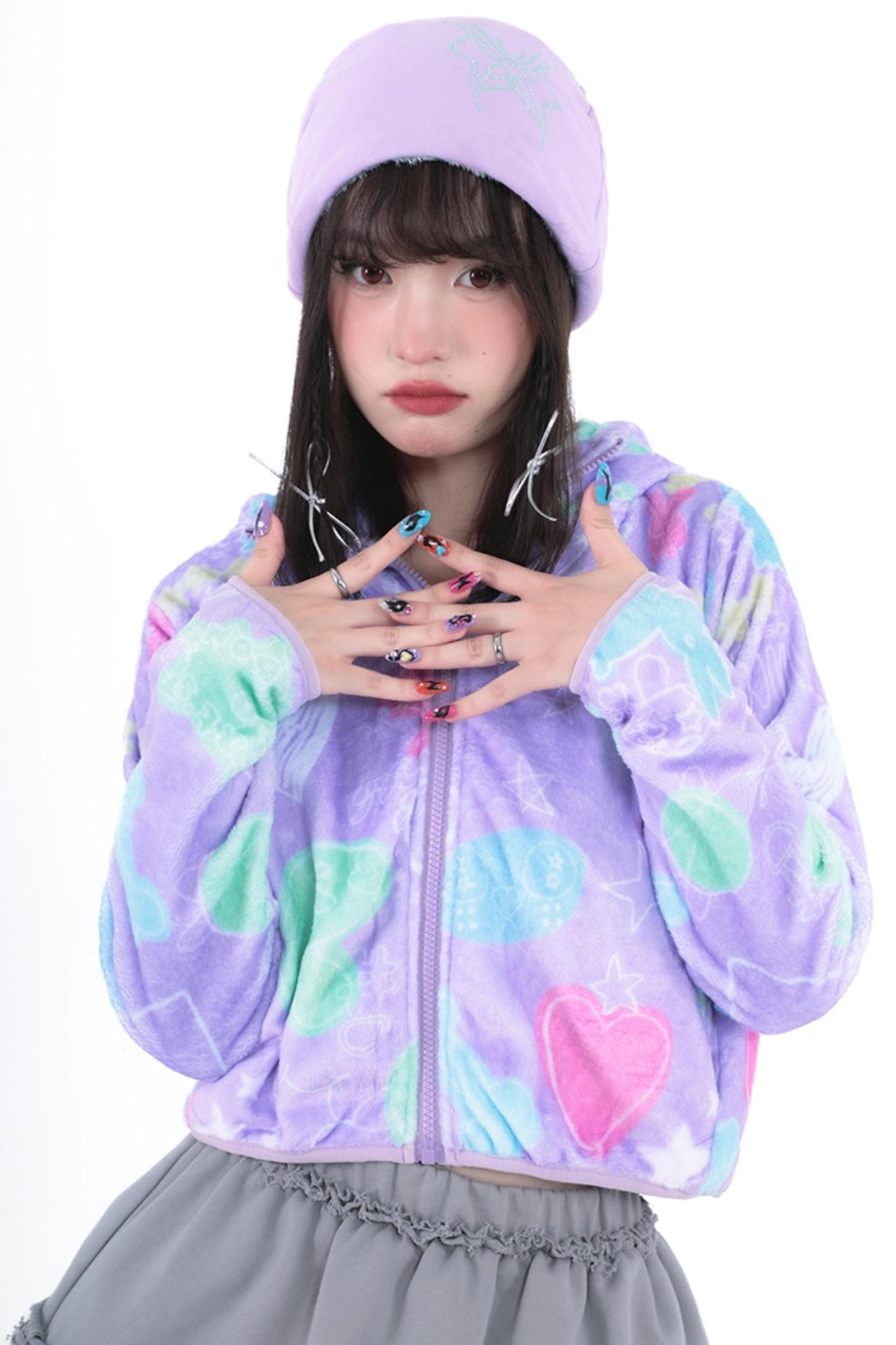Purple Cropped Fleece Print Jacket