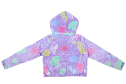 Purple Cropped Fleece Print Jacket