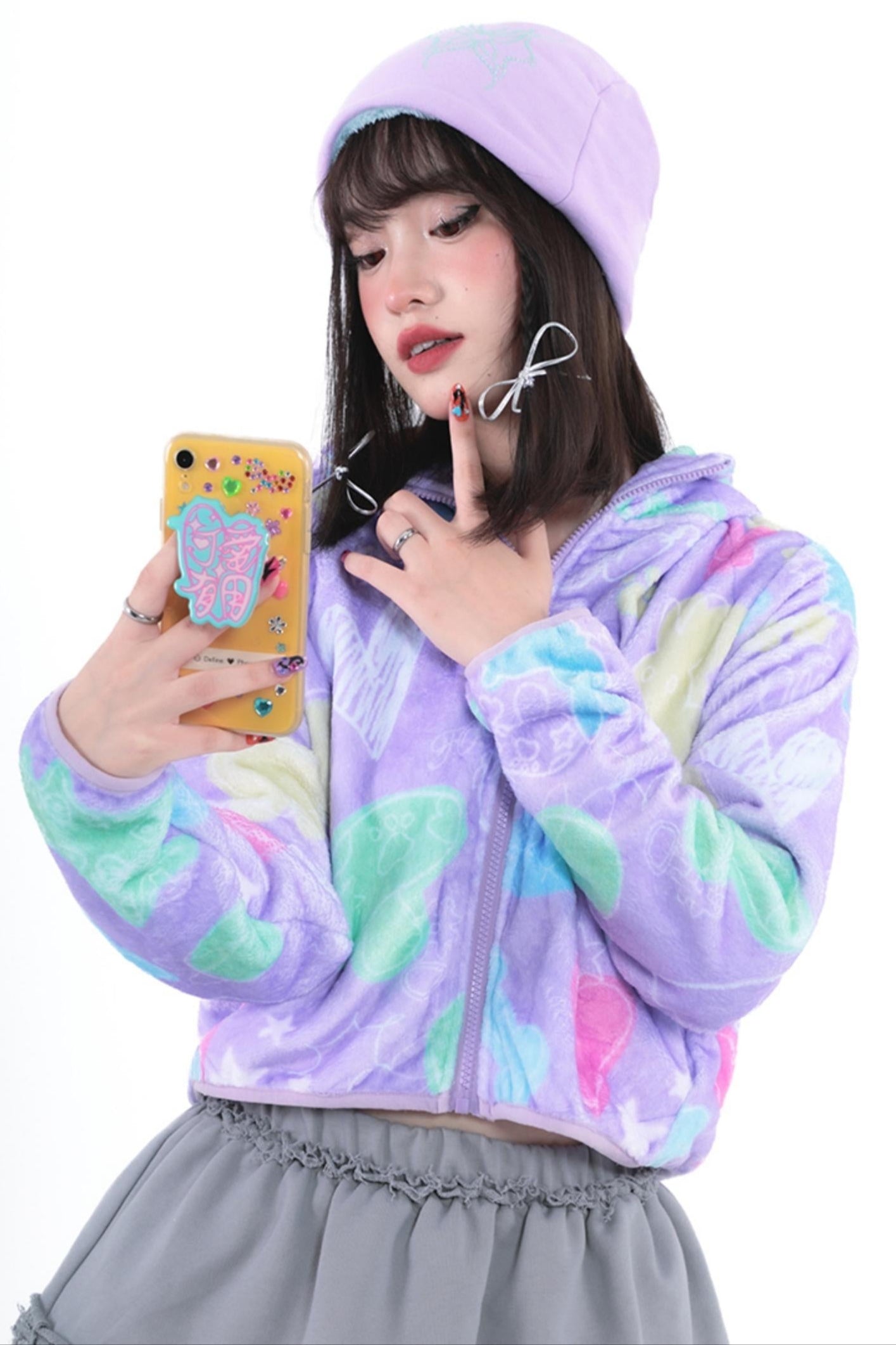 Purple Cropped Fleece Print Jacket