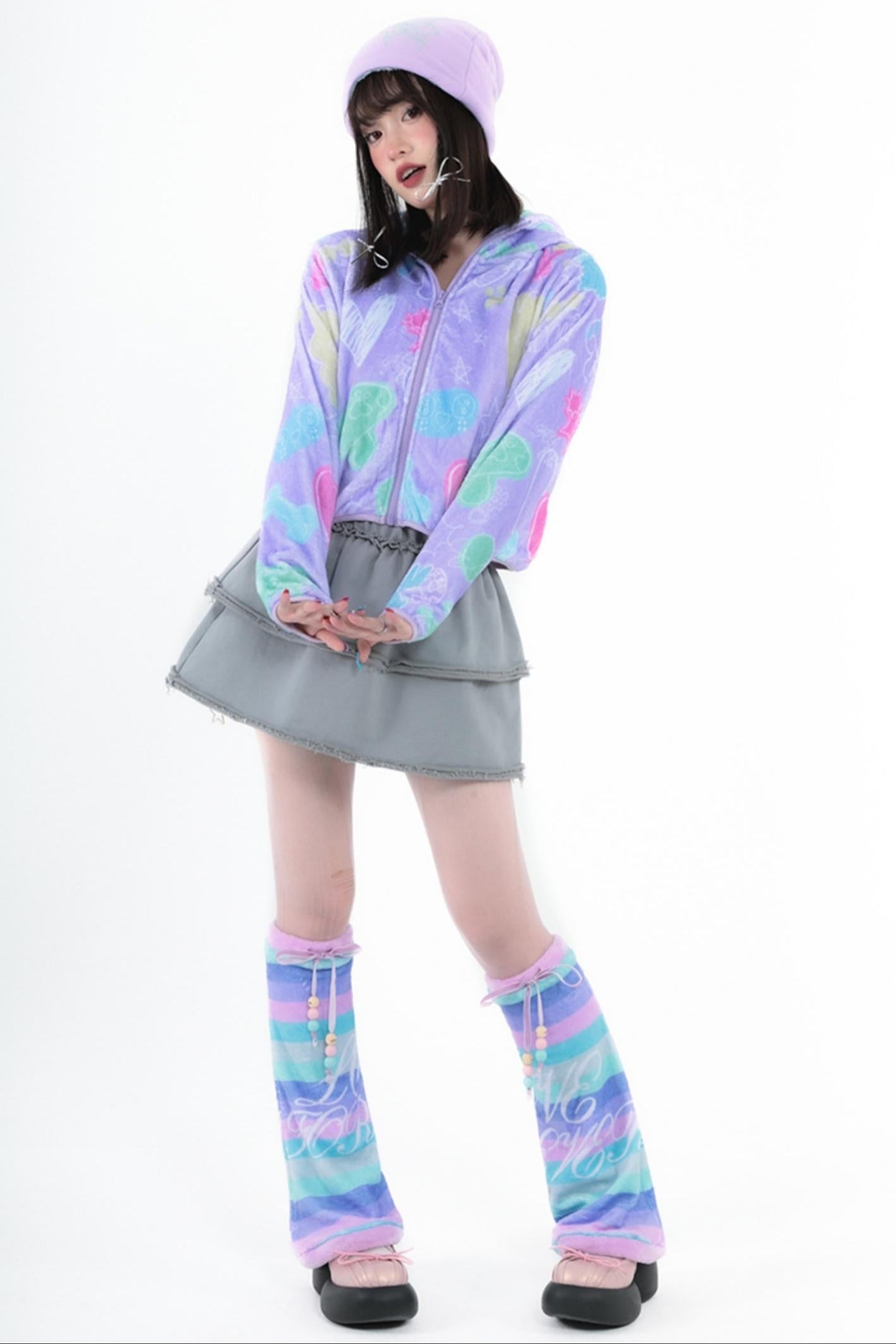 Purple Cropped Fleece Print Jacket