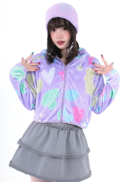 Purple Cropped Fleece Print Jacket