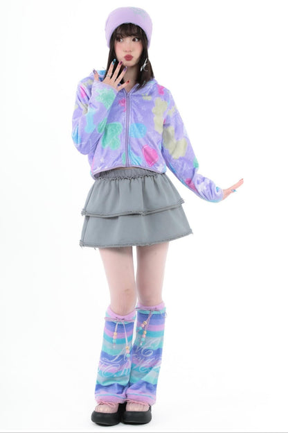 Purple Cropped Fleece Print Jacket