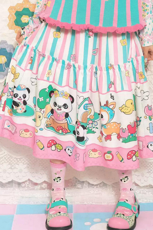 Panda Cartoon Striped Long Elastic Skirt