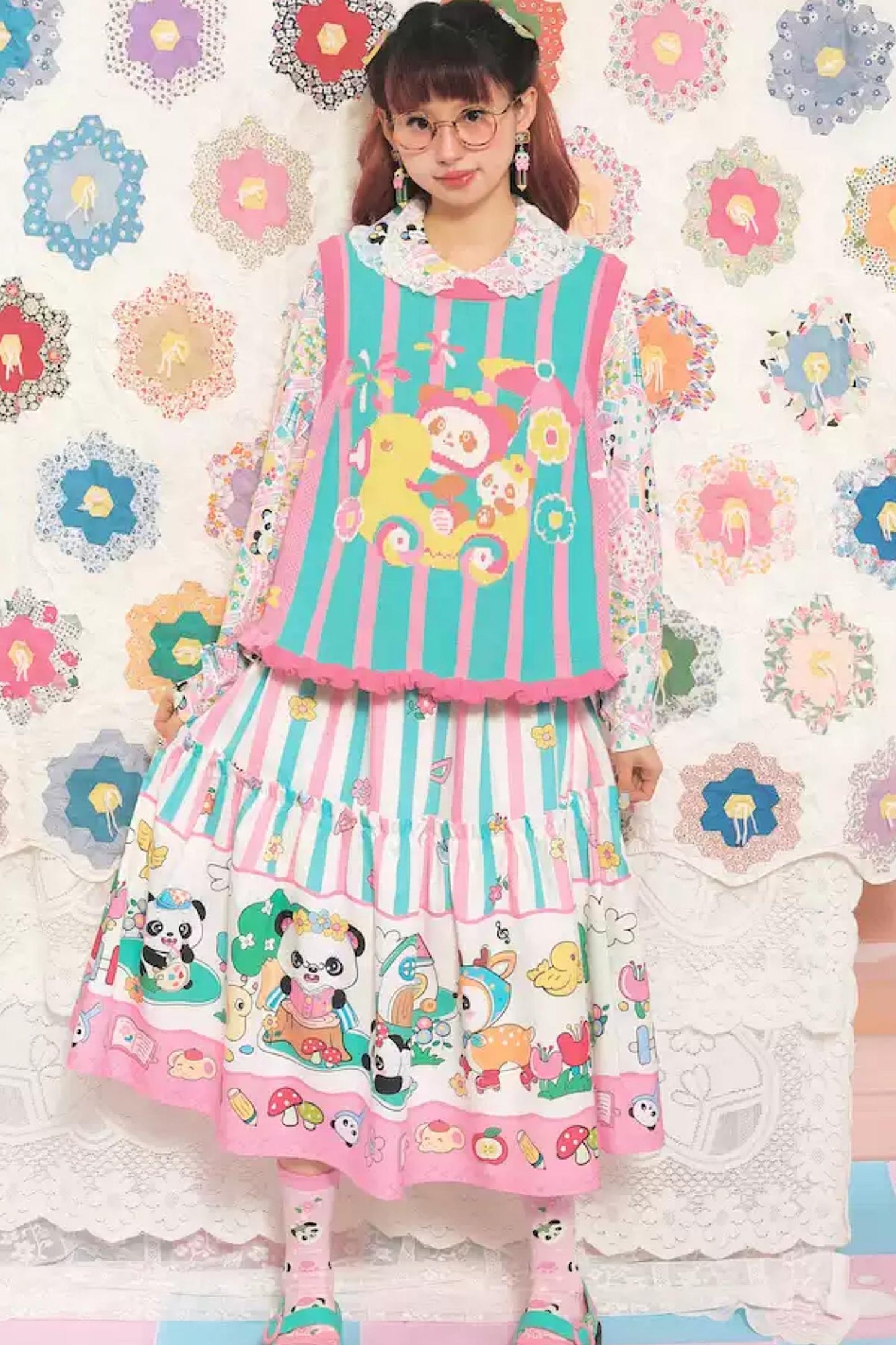 Panda Cartoon Striped Long Elastic Skirt