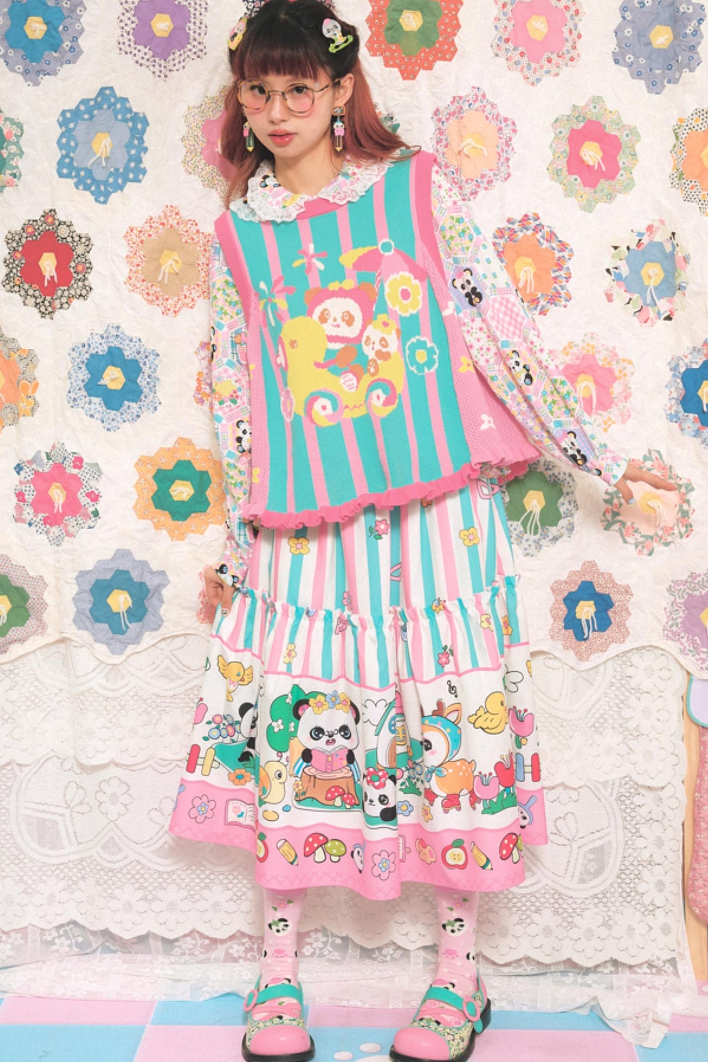 Panda Cartoon Striped Long Elastic Skirt