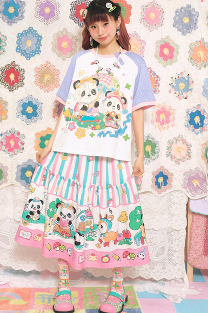 Panda Cartoon Striped Long Elastic Skirt