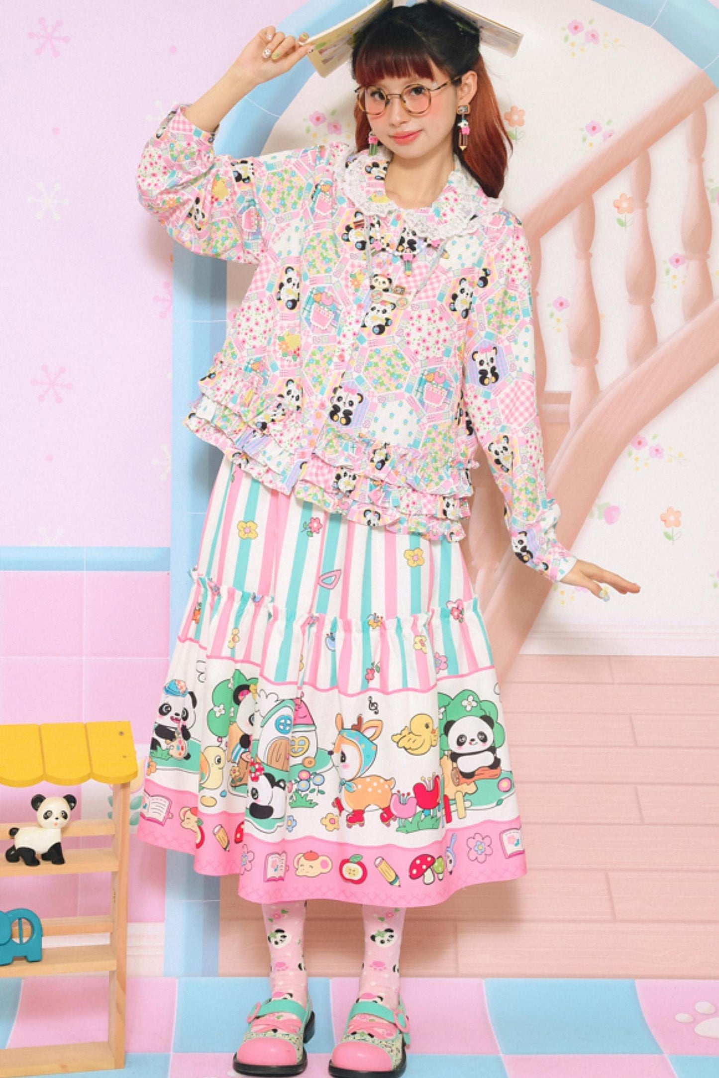 Panda Cartoon Striped Long Elastic Skirt