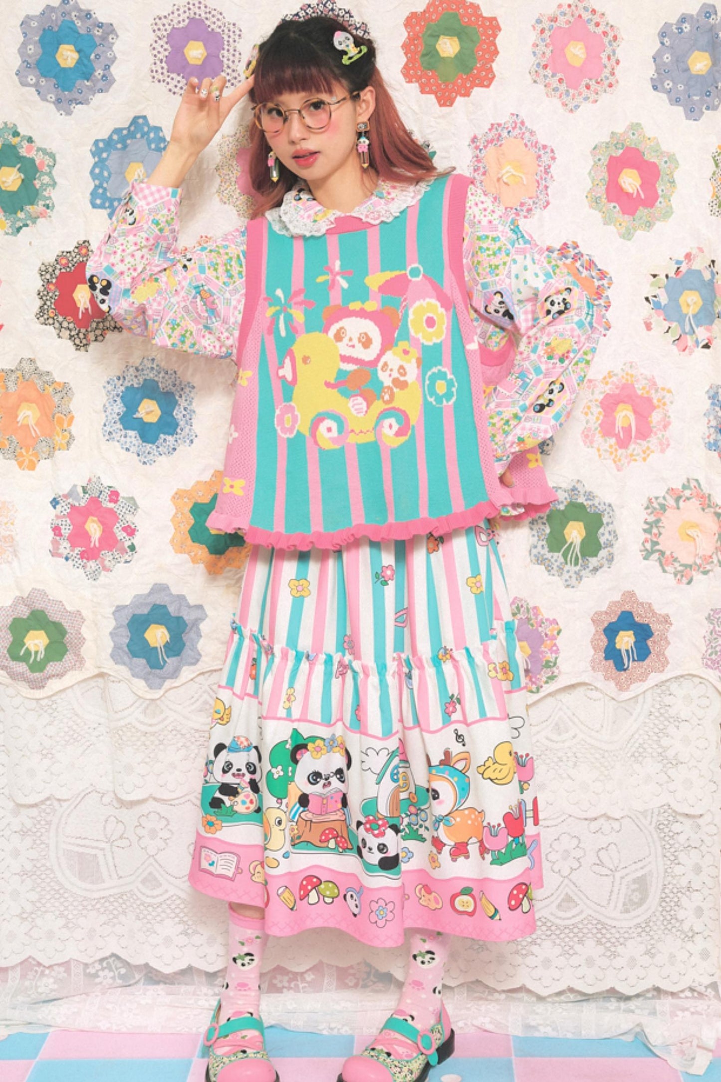 Panda Cartoon Striped Long Elastic Skirt