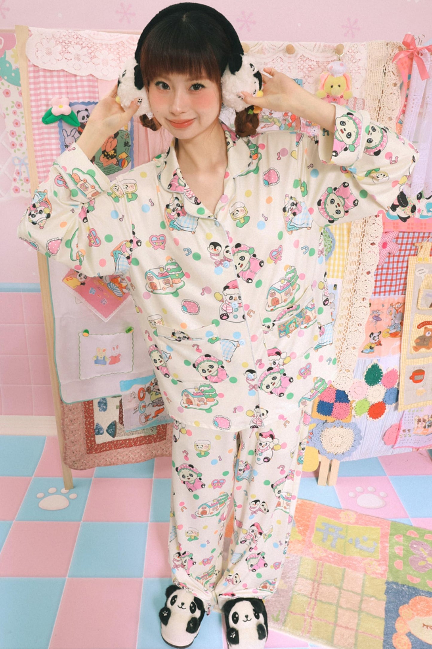 Cartoon Panda Print Pajamas Set-Up