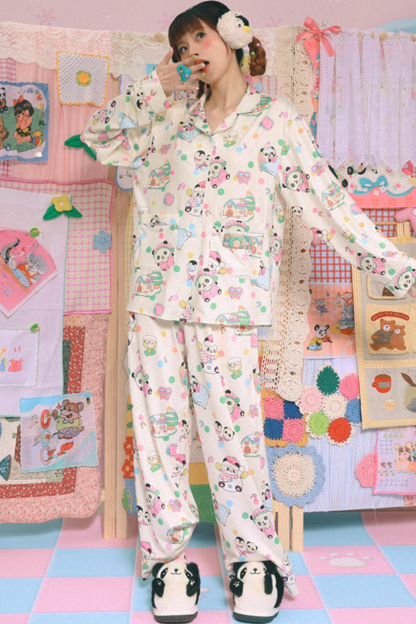 Cartoon Panda Print Pajamas Set-Up