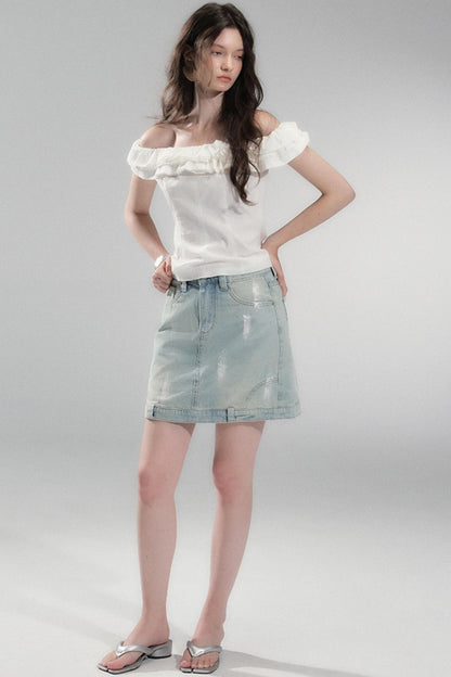 Hand-Painted Light Blue Denim Skirt