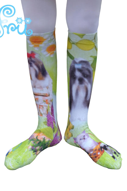 Dog Print Green Mid Socks