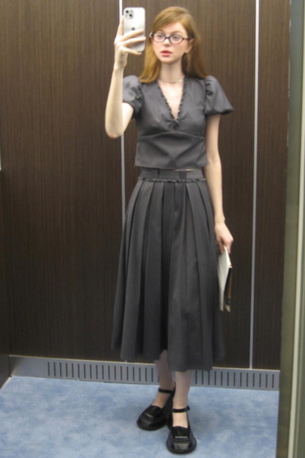 Dark Gray Pleated Skirt Set-Up