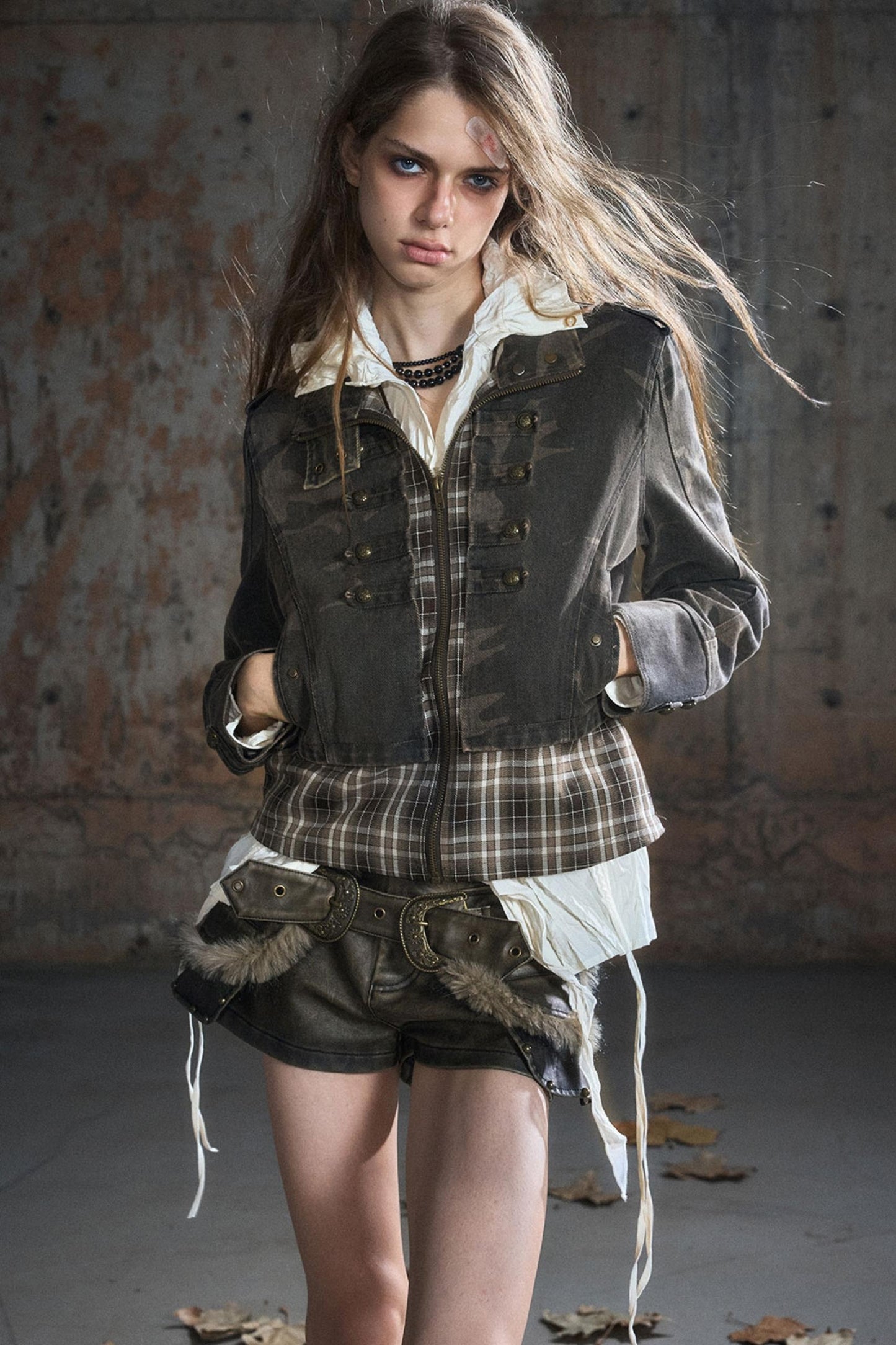 Stand Collar Distressed Patchwork Jacket