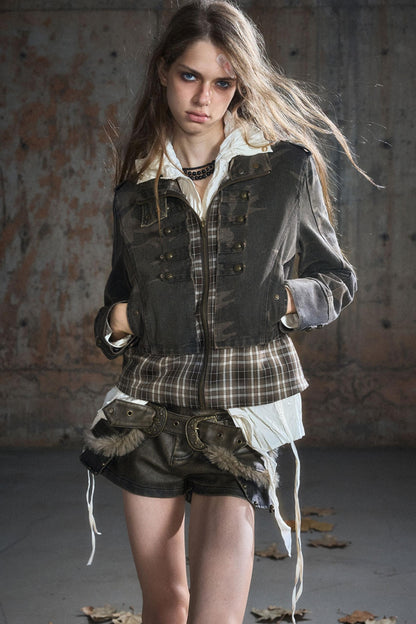 Stand Collar Distressed Patchwork Jacket