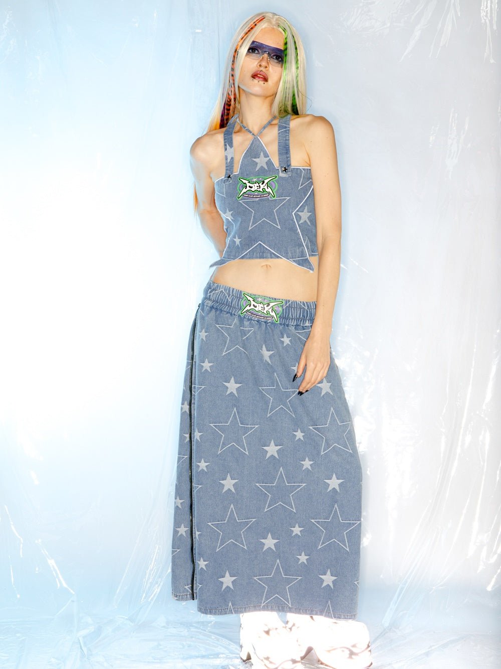 Star Side Zipper Loose A-line Denim Skirt