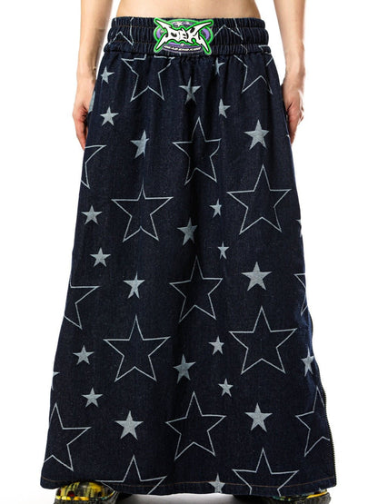 Star Side Zipper Loose A-line Denim Skirt