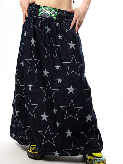 Star Side Zipper Loose A-line Denim Skirt