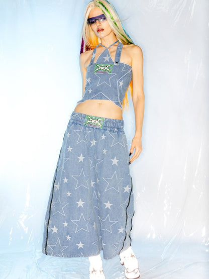 Star Side Zipper Loose A-line Denim Skirt