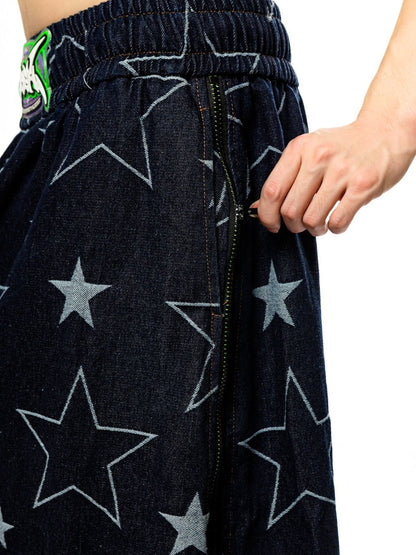 Star Side Zipper Loose A-line Denim Skirt