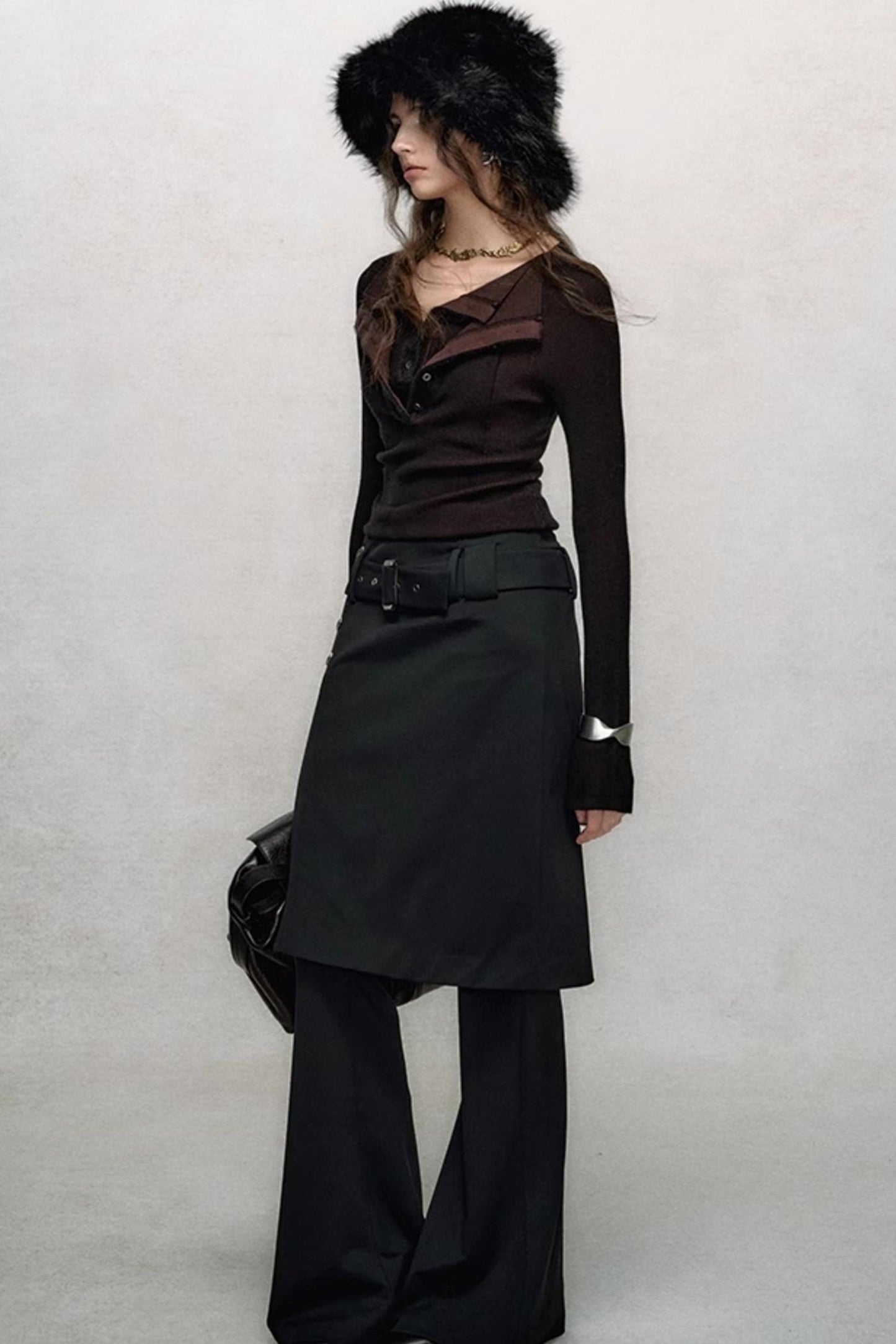 Black High Waist Flared Skirt Pants