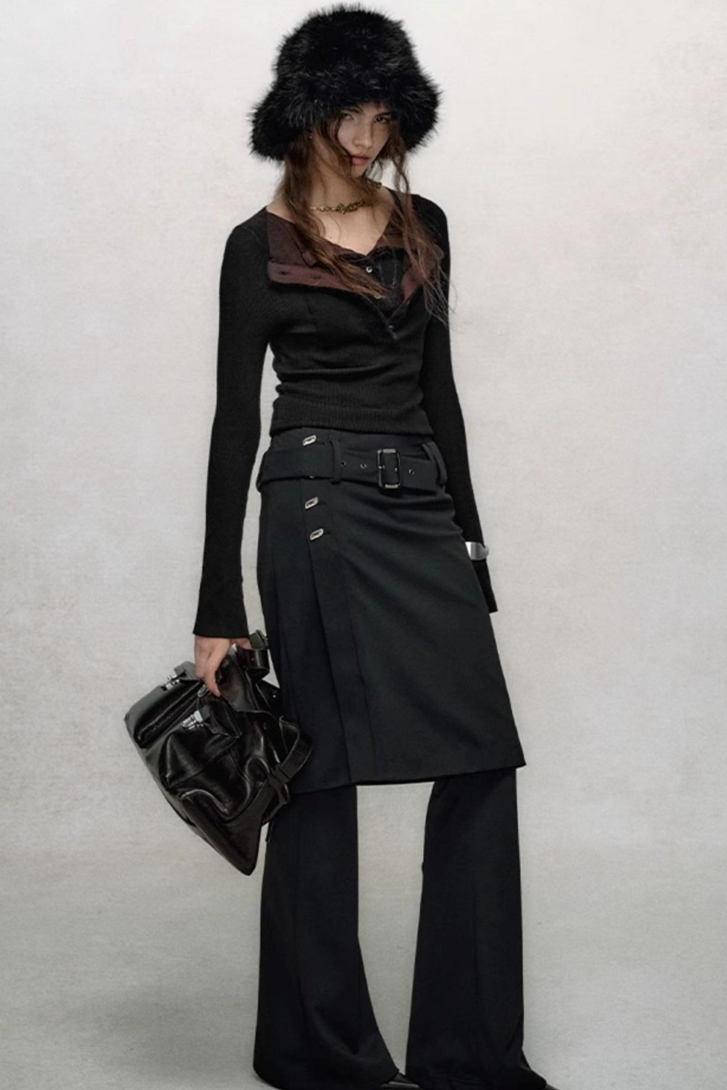 Black High Waist Flared Skirt Pants