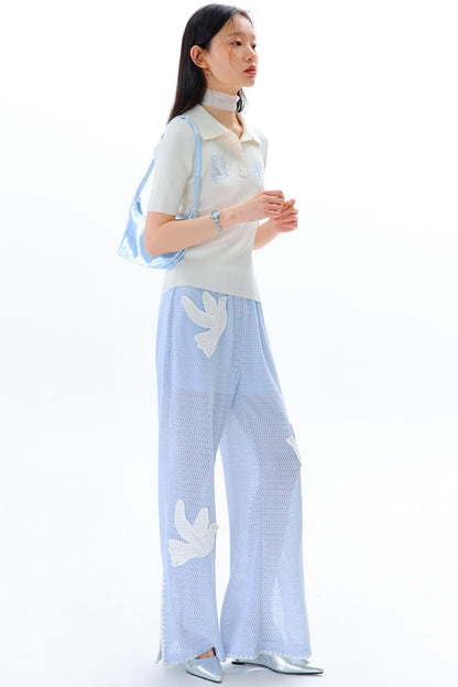 Sun Bird Embroidery Loose Knit Trousers