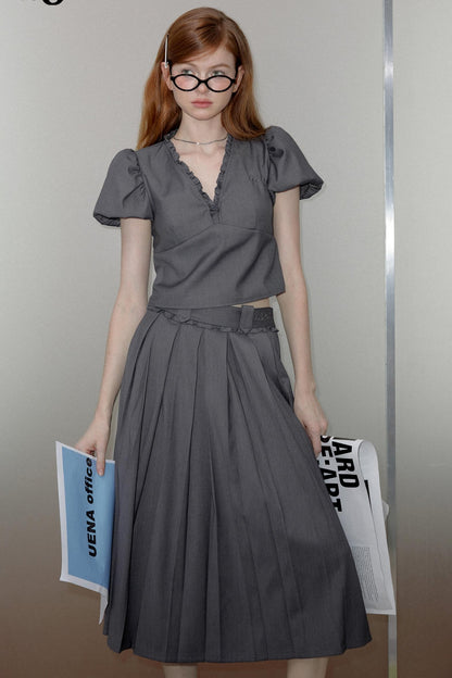 Dark Gray Pleated Skirt Set-Up