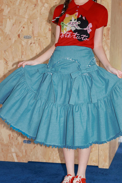 Blue Bow Tassel Denim Skirt