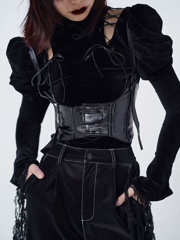 Velvet Dark Bottoming Strap Puff Sleeve Top