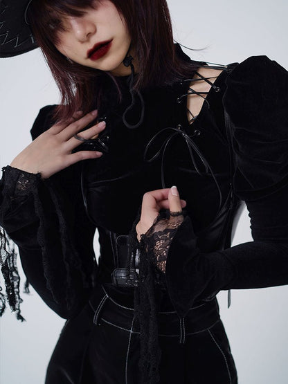 Velvet Dark Bottoming Strap Puff Sleeve Top