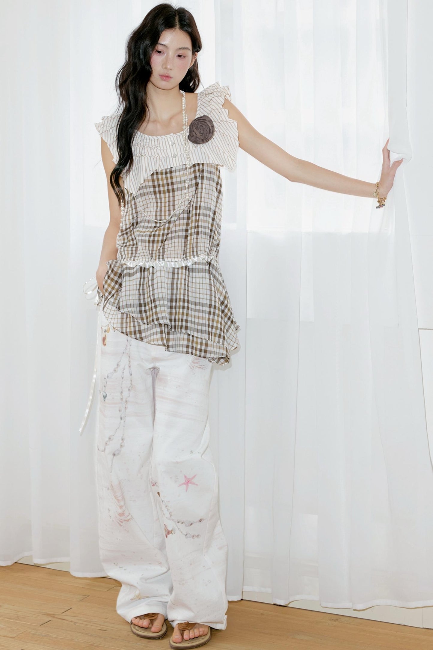 Coffee Check Striped Ruffled Collar Top